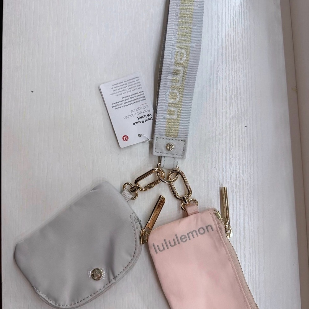 lululemon Pink & Light Gray Detachable Wristlet Set with Gold Hardware